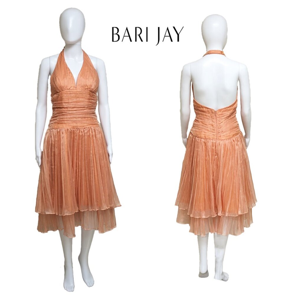 Vint. BARI JAY Pleated Organdy Cocktail Dress in Tangerine w/ Two-Tiered Skirt